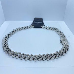 18K Plated Iced Out CZ Crystal Cuban Link Chain with Bracelet Silver